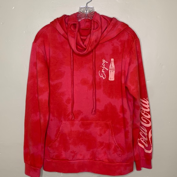 COCA COLA Hoodie Sweatshirt Red Pink Tie Dye Attached Face Covering Medium - Picture 1 of 11
